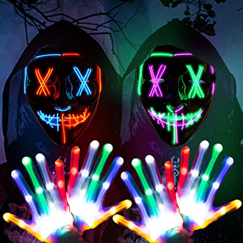 ThinkMax 2 Pack Halloween Purge Masks Led Light Up Masks and Gloves Set for Halloween, Festival Cosplay (Multicolor)