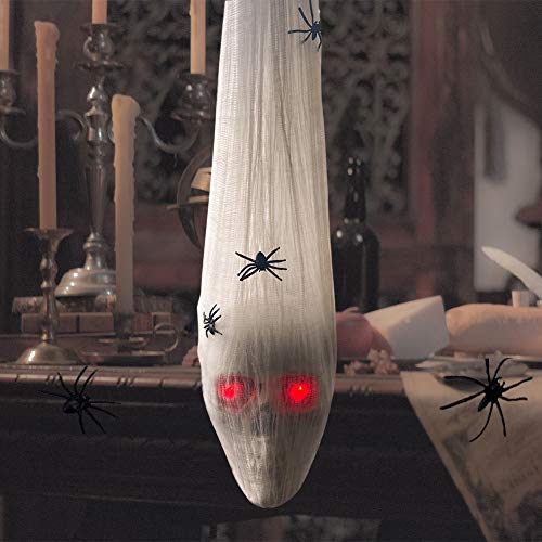 AnNido Halloween Decorations Outdoor, Hanging LED Skull in Cocoon with Fake Spider, Halloween Decorations for Tree Lawn Party Home, Scary Creepy Indoor Decor Black