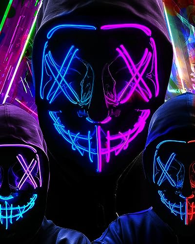 longpo Halloween Purge Mask for Adults Led Light Up Scary Mask Cosplay Costume for Halloween Party