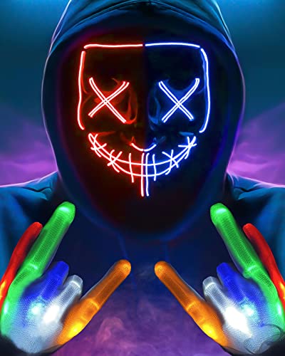 LED Purge Mask light up Skeleton Gloves Costumes, Light Up Halloween Mask and LED Gloves,Anonymous Hacker Scary Scream Halloween Mask Cosplay, Halloween Purge Costume for Men Kids Boys-( Red & Blue)