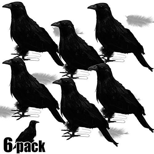 ATDAWN 9.44" Halloween Black Feathered Crows, Realistic Looking Halloween Decoration Birds, 6 Pack