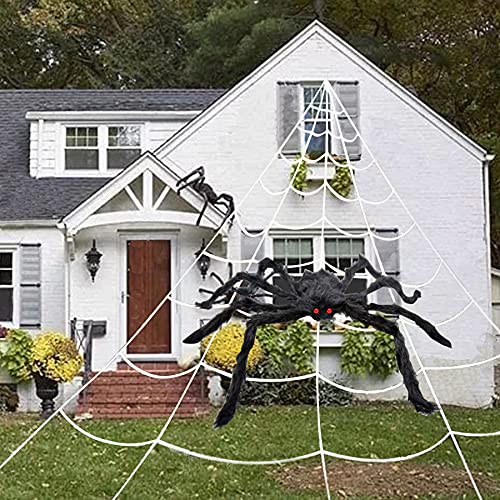 Halloween Spider Decorations, 50" Scary Giant Spider with 200" Triangle Web and 2×20gr Spider Webs, Large Hairy Spider Props for Halloween Creepy Decor Indoor, Outdoor, Party, Window, Wall, Yard