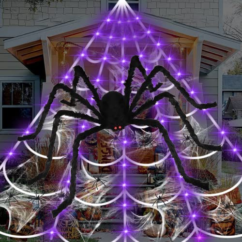 MACTING Halloween Decorations Outdoor,200" Lighted Huge Triangular Spider Web with 79" Giant Spider and Stretch Cobweb 40 Small Fake Spiders for Indoor Outdoor Yard Party Haunted Mansion Scary Decor