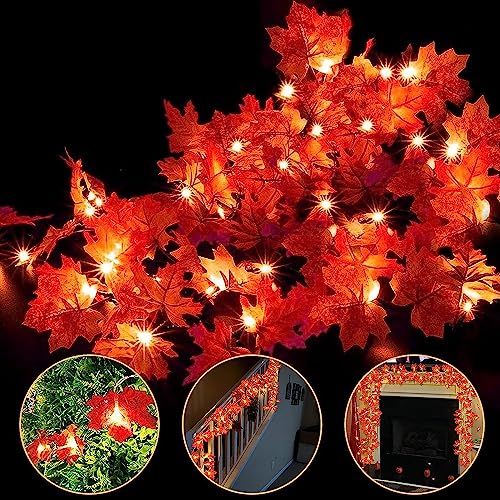 3 Pack Fall Lights Decor Fall Decorations for Home, Enlarged Maple Leaves Fall Garland, 30 Ft 60 LED Waterproof Battery Operated Lights Fall Decorations Indoor Thanksgiving Halloween Decor Outdoor