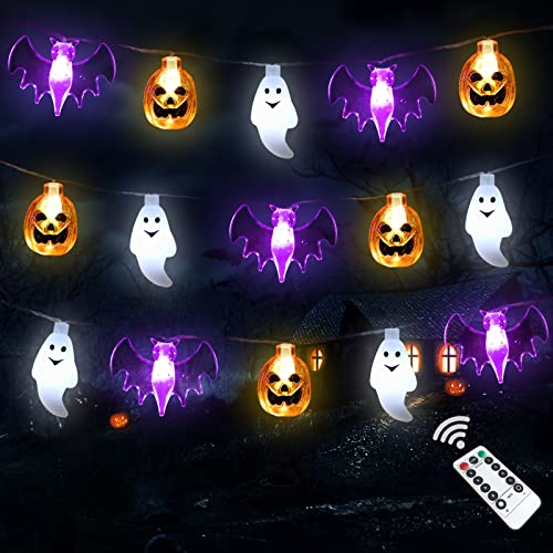 Halloween Lights, 16FT 30 LED Waterproof 3D Pumpkin Bat Ghost Battery Operated String Lights with Timer - 8 Lighting Modes Cute Fairy Light for Window Indoor Outdoor Decor Halloween Party Decorations