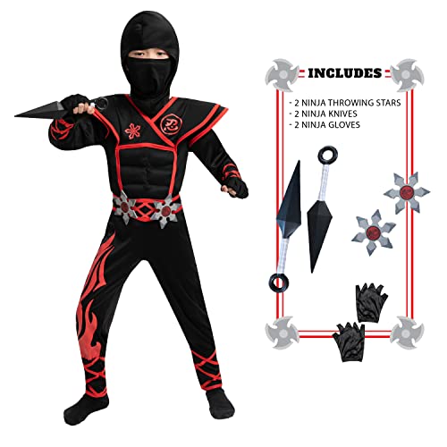 Spooktacular Creations Halloween Red Ninja Muscle Costume Deluxe Set for Boys, Unisex Kungfu Outfit for Kids 3-14yr with Foam Accessories (10-12 yrs)
