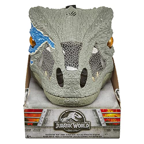 Jurassic World Velociraptor Blue Chomp 'n Roar Electronic Mask with Opening Jaws, 3 Levels of Sound Effects, Secure Strap & Eye and Nose Openings for Visibility, Ages 6 and Older