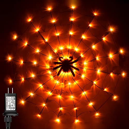 Halloween Spider Web Lights with Black Spider, 3.9FT Diameter 80 LED Orange Halloween Lights with 8 Modes, Waterproof Orange Net Lights for Party, Bedroom, Bar, Haunted House, Halloween Decorations