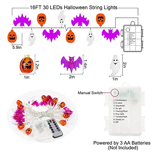 Halloween Lights, 16FT 30 LED Waterproof 3D Pumpkin Bat Ghost Battery Operated String Lights with Timer - 8 Lighting Modes Cute Fairy Light for Window Indoor Outdoor Decor Halloween Party Decorations