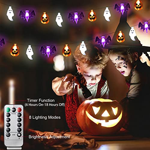 Halloween Lights, 16FT 30 LED Waterproof 3D Pumpkin Bat Ghost Battery Operated String Lights with Timer - 8 Lighting Modes Cute Fairy Light for Window Indoor Outdoor Decor Halloween Party Decorations