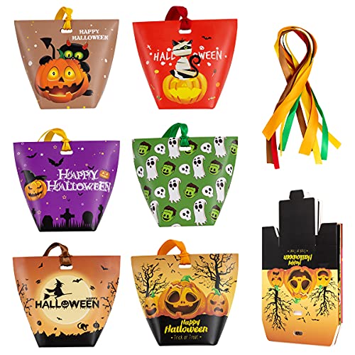 NILUTO 30 Pcs Hallween Candy Bags Treat Bags Paper with Ribbon Bags Trick or Treat Sweet Goodie Bags Halloween Treats Bags 6 Styles Halloween Goodies Bags
