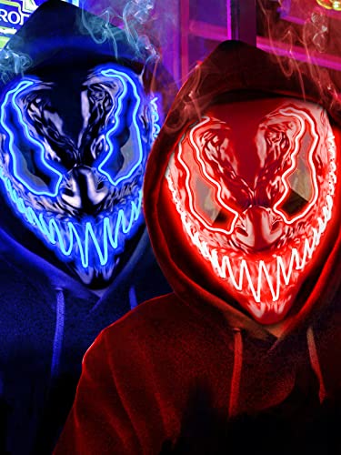 Venobat Mask Halloween LED Light Up Mask for Adults Kids: 2 Pack Dark and Evil Glowing Eyes Neon Mask with 3 Lighting Modes EL Wire - Ideal Gift for Men Women Halloween Costume Party - Blue Red