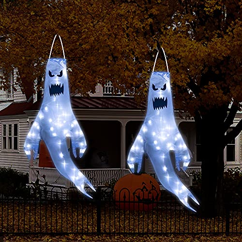 NEROSUN 2 Pieces Hanging Halloween Ghost Windsocks Decorations, 43 Inch Lighted Flag Wind Socks with 40 LED Lights for Outdoor Patio Garden Yard Tree Home Party Supplies Decor, Gifts for Kids
