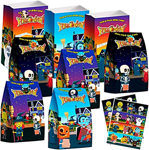 ArtCreativity Halloween Treat Bags, Set of 24 Paper Bags and 24 Stickers, 10 Inch Halloween Candy Bags with Sealing Stickers, Halloween Goodie Bags for Sweets, Toys, Gifts, and More