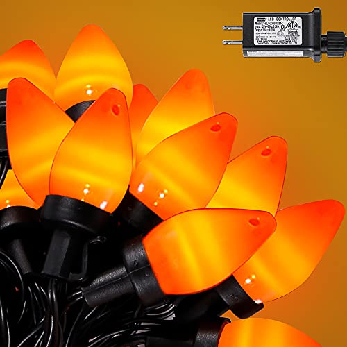 RECESKY C7 Halloween String Lights - 50 LED 24Ft Smooth Bulb Orange Light with 30v Adaptor - Extendable 8 Modes Fairy Lighting - Plug in Halloween Lights Bedroom House Halloween Party Decorations