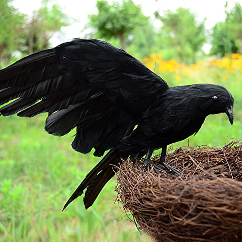 CHICHIC Realistic Crow, 3 Pack Large Halloween Black Feathered Crow Decoys Ravens Outdoor Halloween Decorations Props Décor, Standing Flying Birds for Tree Haunted House Graveyard Tombstone Display