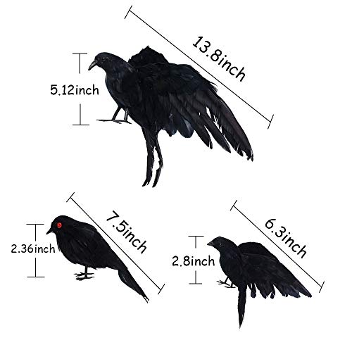 CHICHIC Realistic Crow, 3 Pack Large Halloween Black Feathered Crow Decoys Ravens Outdoor Halloween Decorations Props Décor, Standing Flying Birds for Tree Haunted House Graveyard Tombstone Display