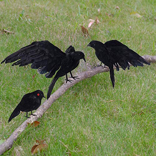 CHICHIC Realistic Crow, 3 Pack Large Halloween Black Feathered Crow Decoys Ravens Outdoor Halloween Decorations Props Décor, Standing Flying Birds for Tree Haunted House Graveyard Tombstone Display