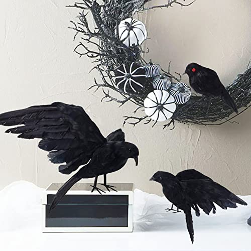 CHICHIC Realistic Crow, 3 Pack Large Halloween Black Feathered Crow Decoys Ravens Outdoor Halloween Decorations Props Décor, Standing Flying Birds for Tree Haunted House Graveyard Tombstone Display