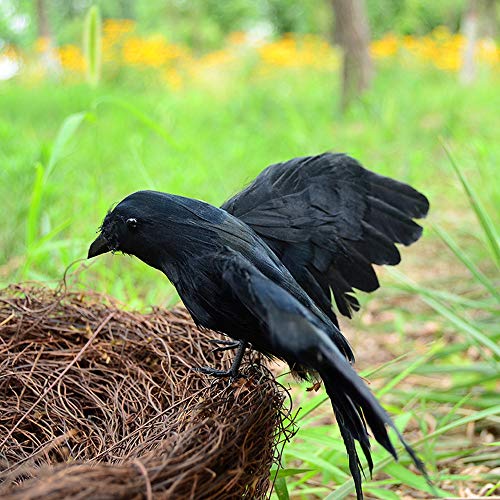 CHICHIC Realistic Crow, 3 Pack Large Halloween Black Feathered Crow Decoys Ravens Outdoor Halloween Decorations Props Décor, Standing Flying Birds for Tree Haunted House Graveyard Tombstone Display
