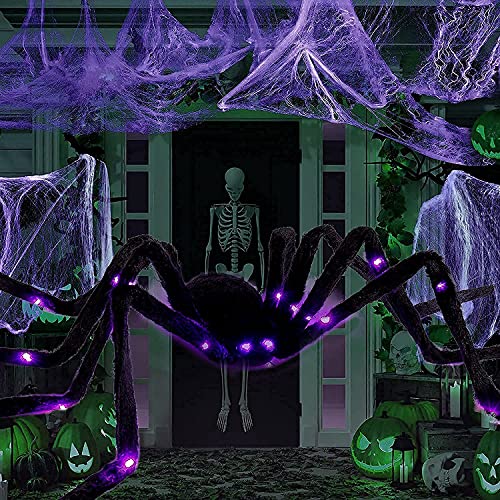 Halloween Decorations 4ft Giant Spider and 20sqft Spider Web Outdoor/Indoor Plush Spider 26 Purple Lights Scary Spiders for Spider Web,Yard,Party,Haunted House Decor