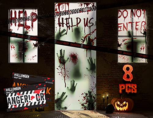 KD KIDPAR 6Pcs Halloween Window Door Decoration Covers Set, Includes 4Pcs 60x30” Window Clings&2Pcs 80x36” Door Posters with Scary Bloody Handprints, Indoor and Outdoor Décor for Party