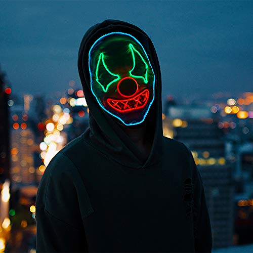 Halloween Scary Led Mask, Light Up Evil Clown Purge Masks Changeable Party for Frightening Festival Cosplay Costume Night Glow El Parties Decoration (Rubber Clown)