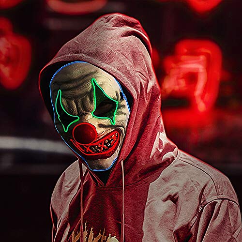 Halloween Scary Led Mask, Light Up Evil Clown Purge Masks Changeable Party for Frightening Festival Cosplay Costume Night Glow El Parties Decoration (Rubber Clown)