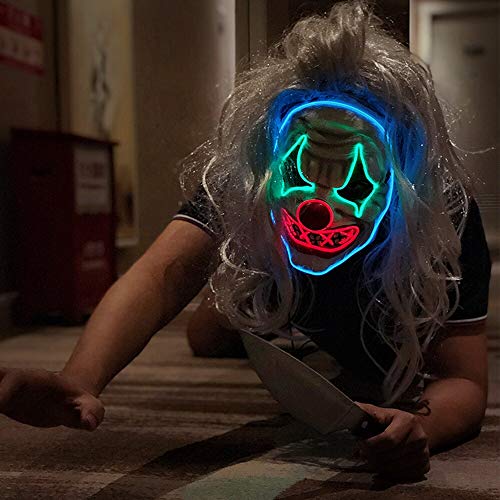 Halloween Scary Led Mask, Light Up Evil Clown Purge Masks Changeable Party for Frightening Festival Cosplay Costume Night Glow El Parties Decoration (Rubber Clown)