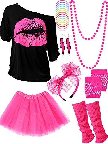 80s Costume Accessories Set T-Shirt Tutu Headband Earring Necklace Leg Warmers(XL, Black, Rose Red)