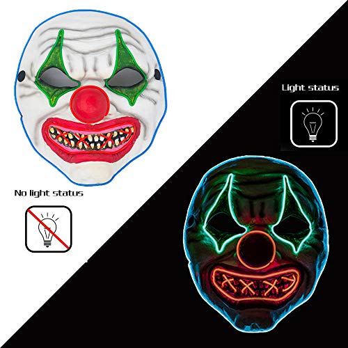 Halloween Scary Led Mask, Light Up Evil Clown Purge Masks Changeable Party for Frightening Festival Cosplay Costume Night Glow El Parties Decoration (Rubber Clown)