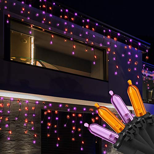 RECESKY 100 LED Halloween Icicle Lights - 7.7ft Purple Orange Curtain String Lights with 30v Plug in for Outdoor Garden House Window Decor - Extendable Halloween Lighting, Halloween Party Decorations