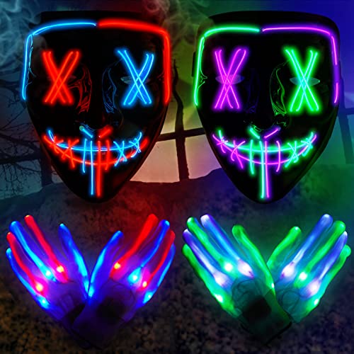 2PACK Halloween Led Mask skeleton Gloves Set ,Light Up Scary Mask Purge Mask with LED Glow Gloves for Halloween Costume.