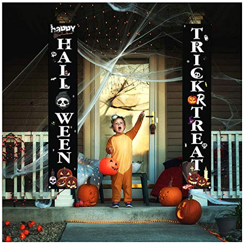 Afoxsos Halloween Decorations Clearance,Happy Halloween & Treat Or Trick Signs for Front Door/Porch/Indoor Decor,Halloween Welcome Signs Banner