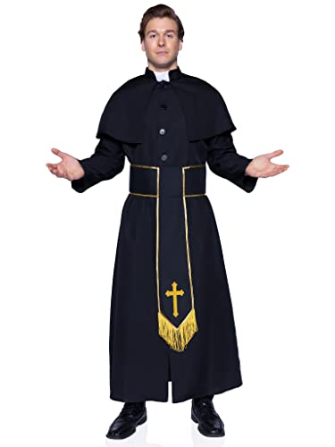 Leg Avenue mens - 2 Piece Priest Set – Priest Robe With Attached Cape Halloween for Men Adult Sized Costumes, Black, Medium Large US