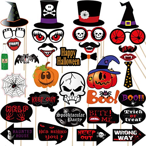 2022 Halloween Large Photo Booth Props(35pcs) for Halloween Party Supplies, Creepy Costume Props with Sticks for Halloween Decorations, Black, Red Trick or Treat Décor Favor