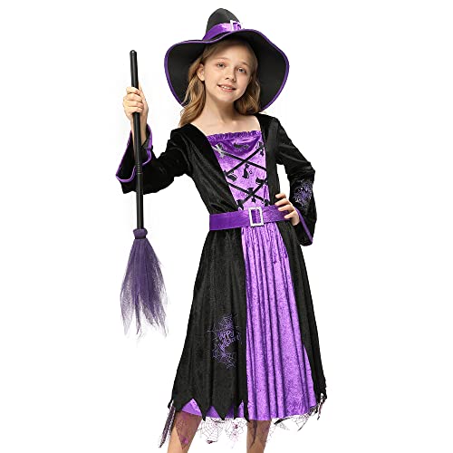 Witch Costume for Girls Kids, Fairytale Witch Halloween Costume Dress Up with Hat (M(8-10))