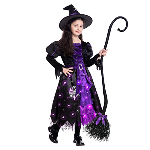 Witch Halloween Costumes for Girls, Toddler Light Up Witch Dress with Witch Broom and Hat, Kids Witch Costume Glow in the Dark for Halloween Dress-Up Party (Purple, 5-7S)