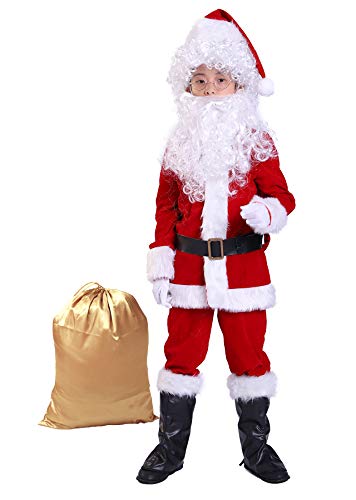 Bapbog Children's Deluxe Santa Suit Christmas Costume，Kids Christmas Halloween Costume Cosplay Set of 10 Pcs M