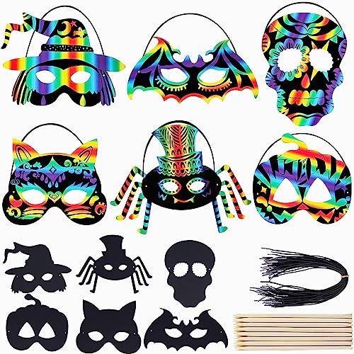 Max Fun 36PCS Halloween Rainbow Scratch Mask, Art Craft Kit for Kids Birthday Cosplay Classroom Decoration, Magic Scratch Paper Halloween Party Favor Supplies Bat Witch Pumpkin Zombie Pirate Skull