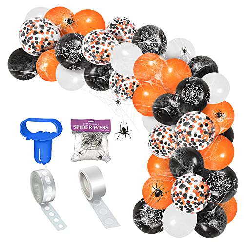 Halloween Decorations Balloon Arch Kit 124 Pcs, Orange Black White Confetti Balloons With Spider Web, Outdoor Indoor Halloween Party Decorations