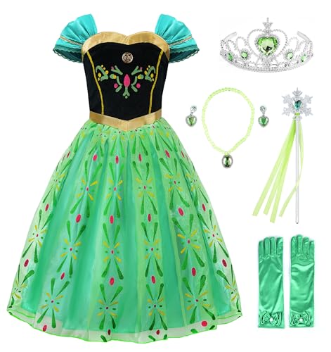 JerrisApparel Girls Princess Costume Snow Party Halloween Cosplay Fancy Dress (5, Green with Accessories)
