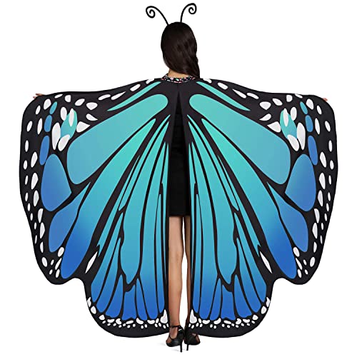 Jeicy Halloween Butterfly Wings Shawl Fairy Lady Cape Nymph Pixie Costume for Women Girls Halloween Costumes with Antenna Headband (blue green)