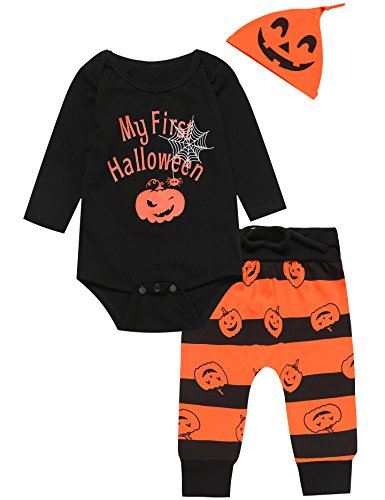 bakjuno Baby Boy My First Halloween Outfit Pumpkin Long Sleeve Pants Set(0-3 Months) Black