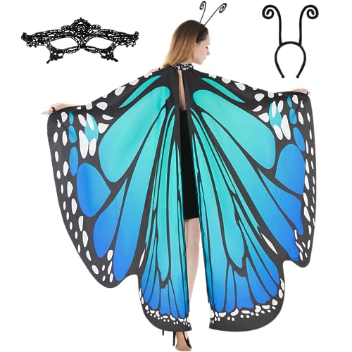 Blue Butterfly Wing Cape Shawl with Mask and Antenna