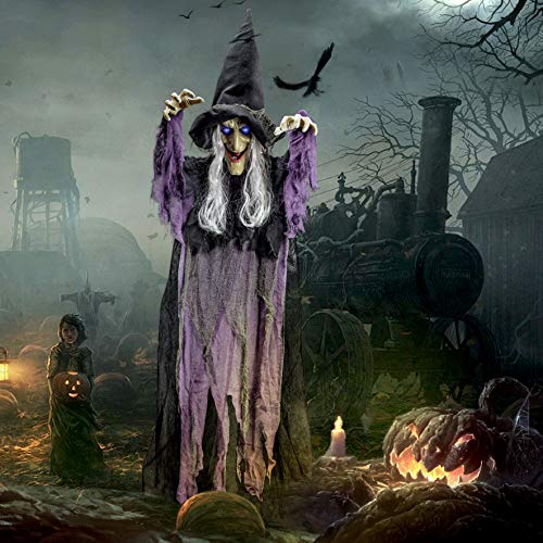 JOYIN 72” Hanging Animated Talking Witch Decoration with Light-up Eyes and Sound Activation Function for Halloween Haunted House Prop Décor, Halloween Hanging Decorations, Outdoor/Indoor, Lawn Decor