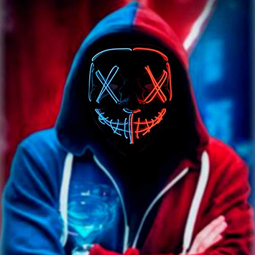 Halloween Scary Mask Cosplay Led Costume Mask,Light up for Halloween Festival Party, with 3 lighting Modes for Men Women Kid (Red+Blue)