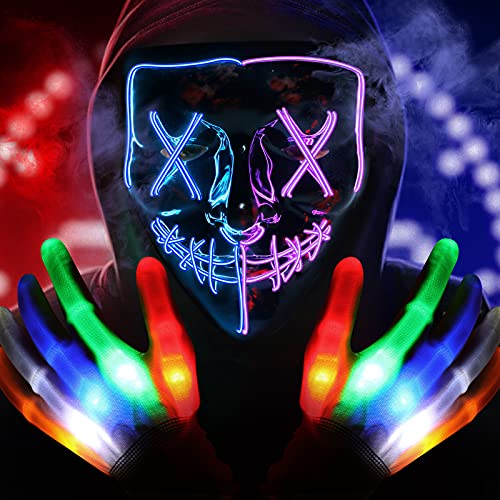 ORWINE Halloween Purge Masks LED Skeleton Gloves Set, Halloween LED Masks Light Up Scary Mask Hacker Mask with Glow Gloves Halloween Cosplay Party Costume for Boys Girls (Blue & Purple)
