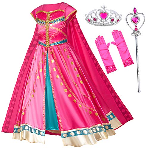 Arabian Princess Costume Dress for Little Girls Birthday Christmas,Halloween Party with Gloves,Crown,Wand Accessories (Red) 5-6 Years
