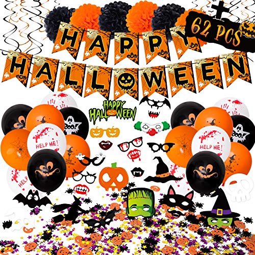 62PCS Halloween Party Decorations Set - Hallowmas Photo Booth Props Banner Balloons Pom Poms Hanging Swirls Spider Pumpkin Ornaments Supplies
